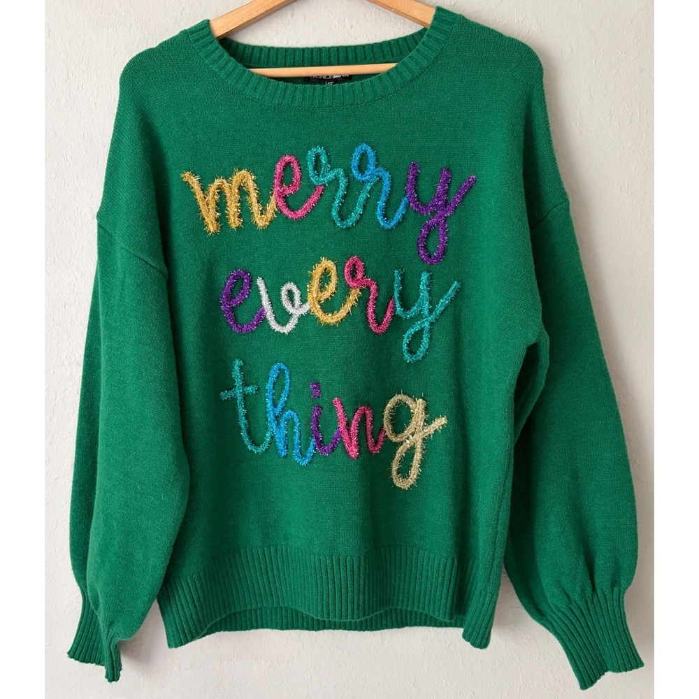 NWT Merry Everything Christmas Womens Sweater Medium Green Holiday Tinsel Cozy